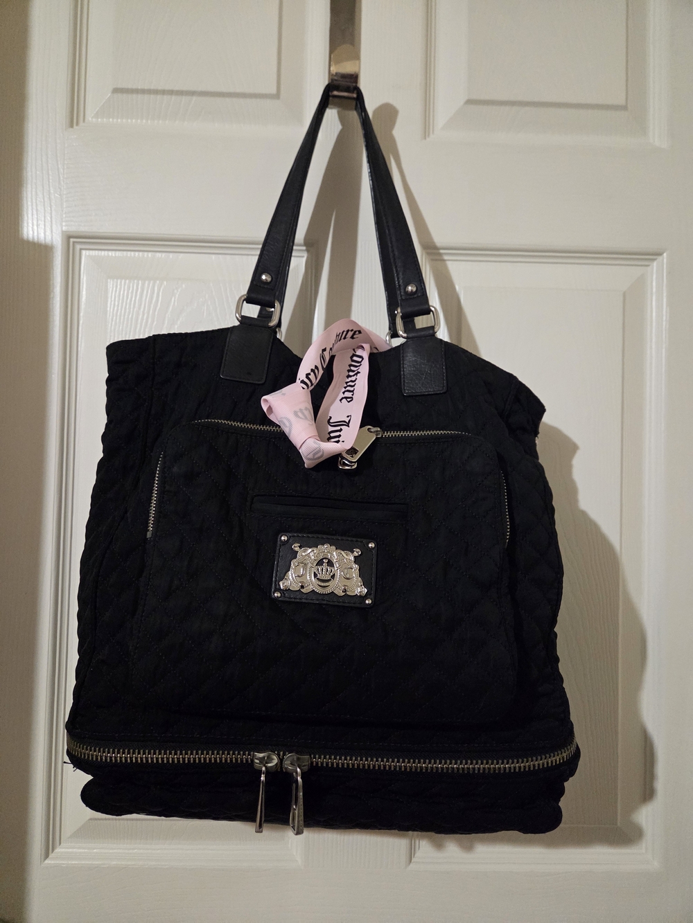 Juicy Couture Black Quilted Tote with Pink Scarf Accent